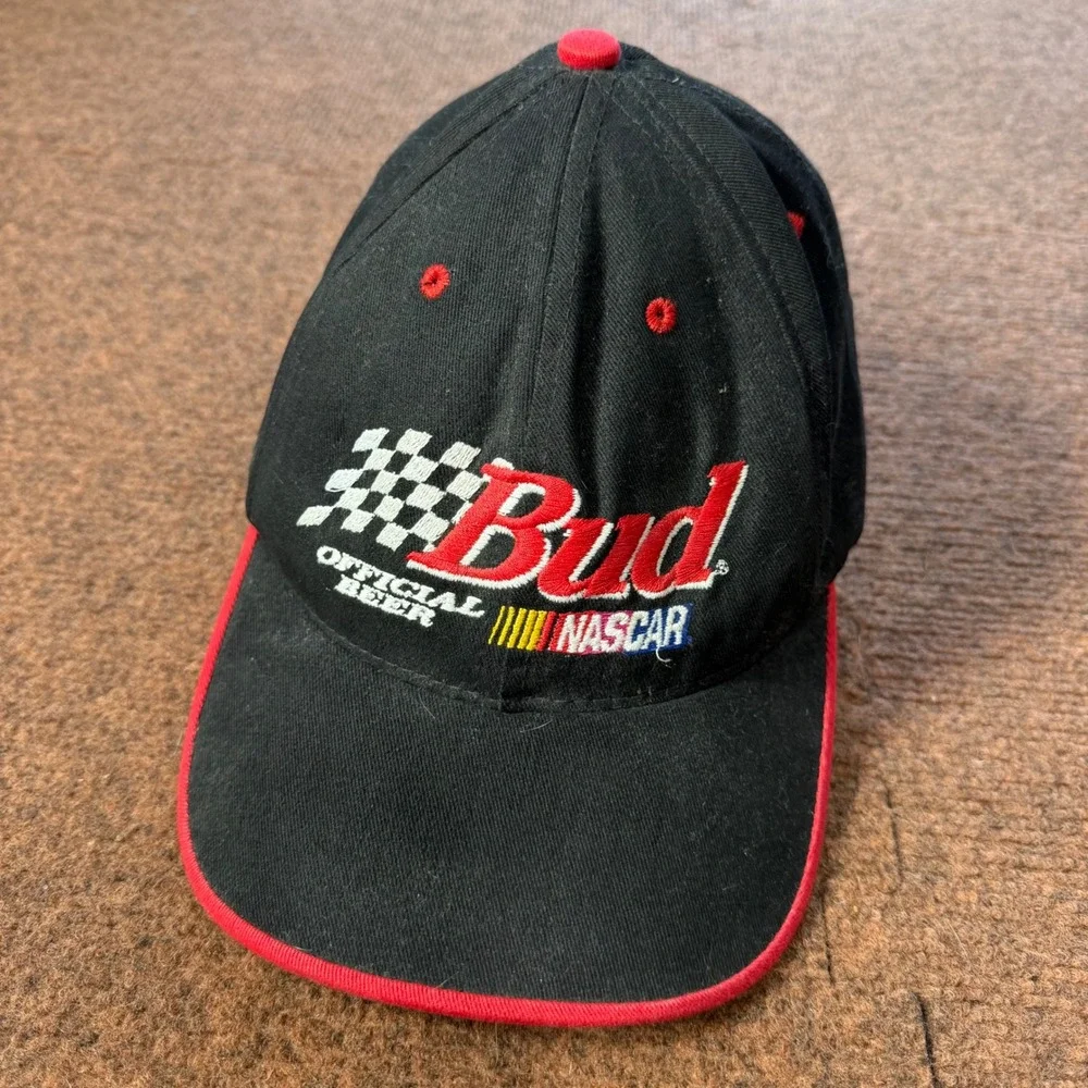 Vintage 1996 Budweiser NASCAR Hat Black Red Snapback Made in USA Official Beer